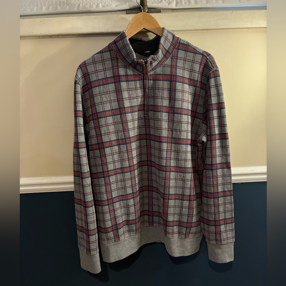 Lands' End Gray and Red Plaid 1/4 Zip-Up Sweater, Men’s size Large (42-44)